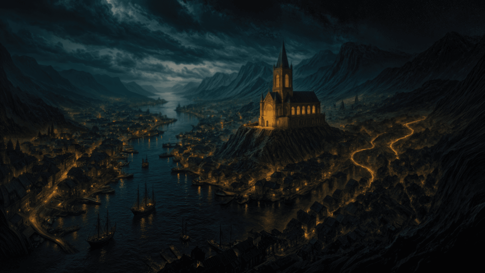 The Aldwyn River district at nightfall