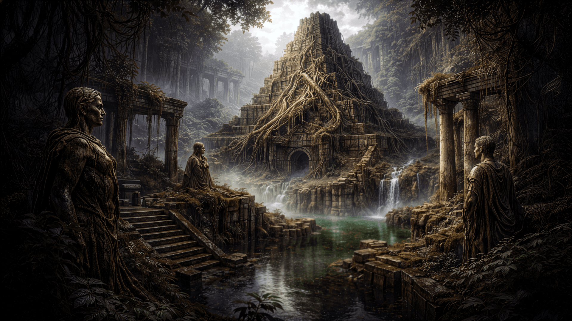 Crumbling temple ruins deep in the sinkhole