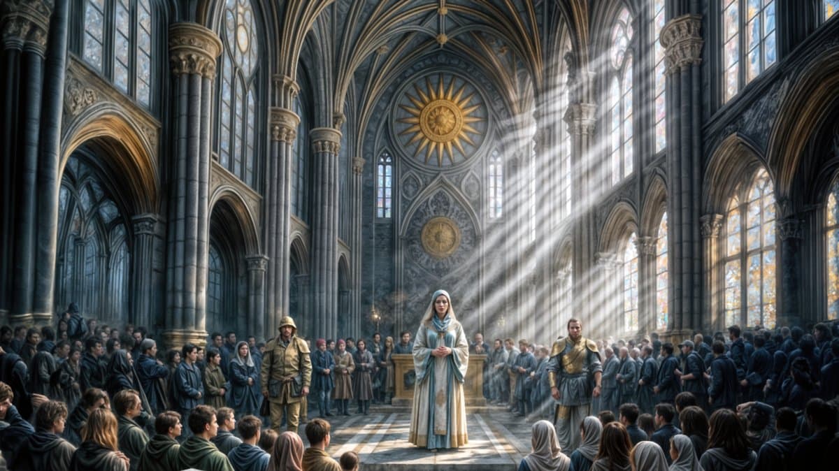 Interior of the Cathedral of Radiance — a Radiant priestess leads sunrise rites