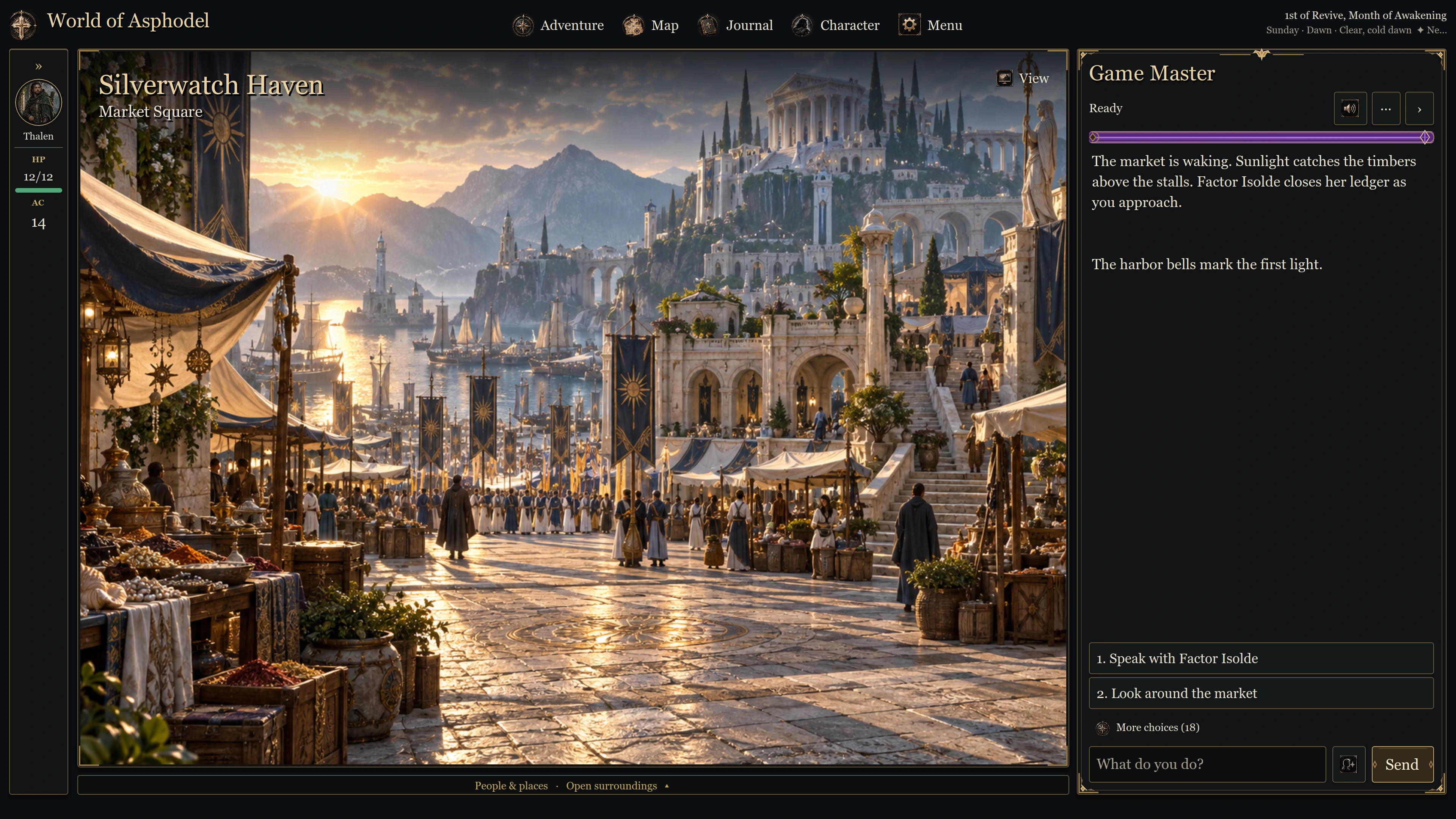 Native adventure interface study with Silverwatch Haven artwork and conversation choices, using test data
